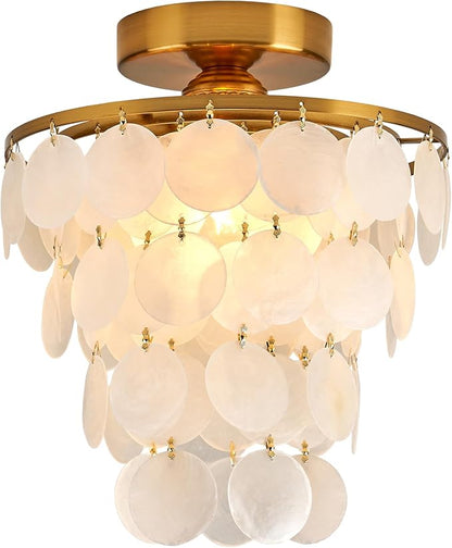 11.8" Capiz Shell Chandelier for Bedroom Ceiling Light Fixture with 4 Tier Shell Modern Gold Semi Flush Mount Ceiling Lights Chandeliers for Entryway,(More Additional Shell Parts Included) Gold