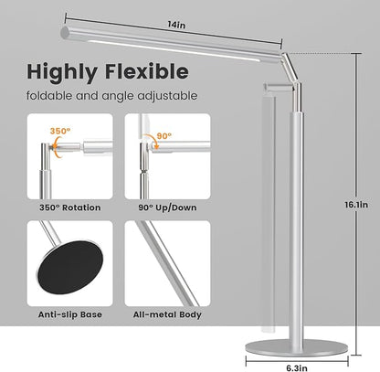 Metal Desk Lamp for Home Office - 16'' Foldable LED Desk Light for Reading, 4 Color Temps, 15W 1200Lm Dimmable Table Lamp with Flexible Arm, Task Lamp for College Dorm Study Painting, Silver