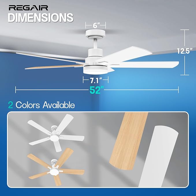 Ceiling Fan with Light 52-Inch, Remote Control Reversible DC Motors, 3CCT Dimmable Timer Noiseless, White Ceiling Fan for Bedroom Living Room, Indoor&Outdoor ETL Listed