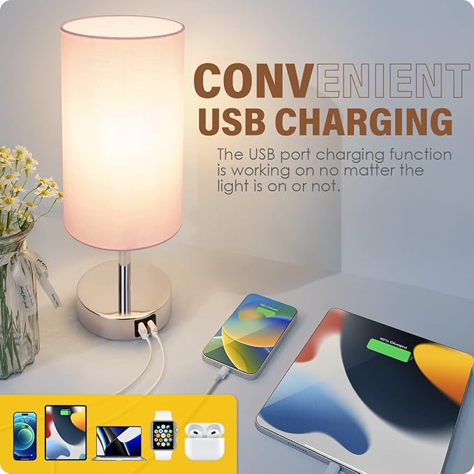 Yarra-Decor Bedside Lamp with USB Port - Touch Control Table Lamp for Bedroom 3 Way Dimmable Nightstand Lamp with Round Pink Fabric Shade for Living Room, Dorm, Home Office (LED Bulb Included)