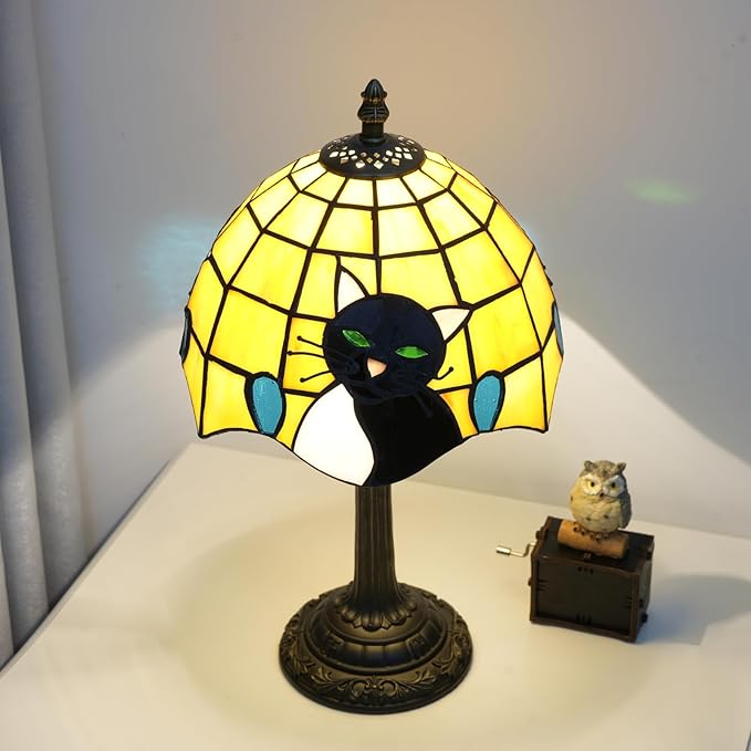 Tiffany Stained Glass Small Cat Table Lamp Elegant Cute Vintage Style White Black Cat Lamp for Nightstand Bedroom Home Decor Kitchen Counter Antique Living Room Office Desk Bedside Night Lamps