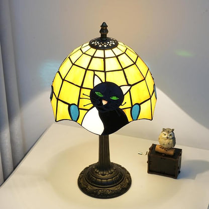 Tiffany Stained Glass Small Cat Table Lamp Elegant Cute Vintage Style White Black Cat Lamp for Nightstand Bedroom Home Decor Kitchen Counter Antique Living Room Office Desk Bedside Night Lamps