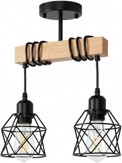 2 Light Farmhouse Ceiling Light,Pendant Light Kitchen Island,Dining Room Chandelier Light Fixture Over Table,Rustic Hanging Light for Kithen,Dining Room,Real Wood,Black Metal Cage