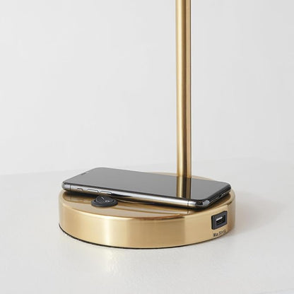 Brightech Elizabeth Table Lamp with Wireless Charging Pad and USB Port, Bedside Reading Lamp, Vintage Brass Gold Desk Lamp, Nightstand Lamp with LED Bulb for Bedroom, Living Room, Office