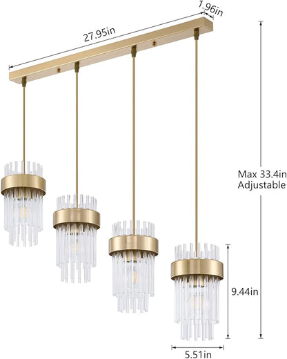 Dijiahua 4-Light Gold Pendant Lights Kitchen Island Over Table, Modern Crystal Brushed Brass Linear Chandeliers,Adjustable Cord Hanging Counter Lamp Fixture for Dinning Room,Sink