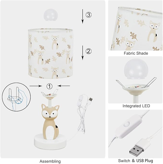 Fox LED Table Lamps with USB Port DC5V,Set of 2,Light Brown Kids Table Lamp,Night Light for Kids Room,Nursery,Bedroom,Kitchen Counter,Gameroom,Φ5.91×H12.88IN,Hand-Made