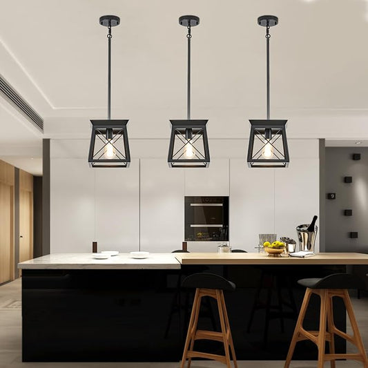 Black Farmhouse Pendant Lights, Industrial Kitchen Island Lighting, Rectangle Linear Cage Chandeliers for Kitchen, Dining Room Table