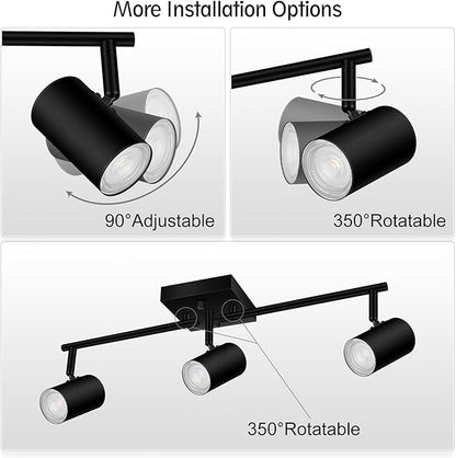 AUQUEE 3 Light Track Lighting Fixtures Ceiling, Black LED Track Lighting Kit, Modern Kitchen Track Lights with Rotatable Light Heads, Ceiling Spot Lighting for Living Room/Hallway/Bar, No GU10 Bulb