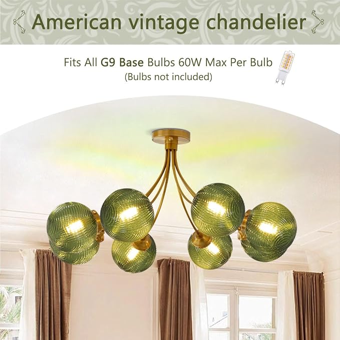 8-Light Flush Mount Light Vintage Gold Sputnik Chandelier Light Fixtures Ceiling Mount Green Round Glass Globe Shade, Semi Flush Mount Ceiling Light for Living Room Kitchen