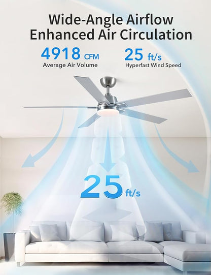 Rayqueen 60 Inch Ceiling Fans with Lights and Remote, 6 Speed Reversible DC Motor, 3CCT Dimmable LED, Modern Brushed Nickel Ceiling Fan for Bedroom, Living room & Covered Outdoor,Includes Downrod