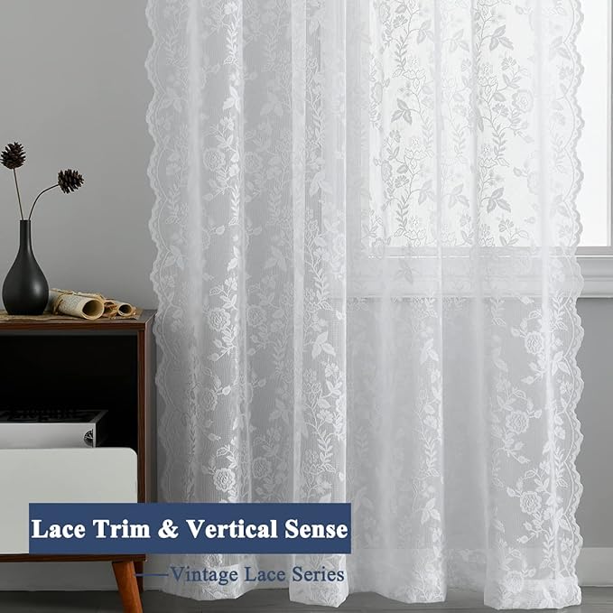 FINECITY White Lace Curtains 108 Inch Long, Vintage Country Floral Sheer Lace Curtains for Bedroom, Rod Pocket Privacy Scalloped Sheer Window Curtain, 52 x 108 Inch, 2 Panels, White