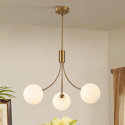 CNRATYE 3-Light Modern Farmhouse Gold Chandeliers for Dining Room, Mid Century Pendant Lights Kitchen Island, Globe Sputnik Chandelier for Entryway Living Room Bedroom Office Bathroom