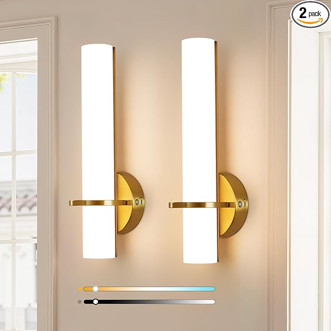 AIJIASI Battery Operated Gold Wall Sconces - 15 Inch Modern Sconce Wall Lighting 3000K-6000K Dimmable LED Wall Sconces Set of Two, Indoor Bathroom Sconce for Living Room Bedroom Hallway Stairway