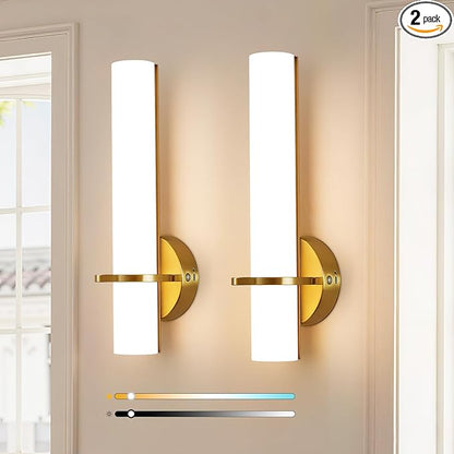 AIJIASI Battery Operated Gold Wall Sconces - 15 Inch Modern Sconce Wall Lighting 3000K-6000K Dimmable LED Wall Sconces Set of Two, Indoor Bathroom Sconce for Living Room Bedroom Hallway Stairway