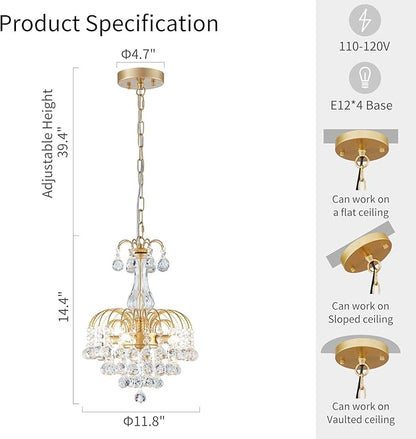 WUZUPS Crystal Chandelier Pendant Flushmount Ceiling Light Modern Lighting Fixture for Bedroom Hallway Bar Kitchen Bathroom, H 14.4" x W 11.8", Gold, E12 Base