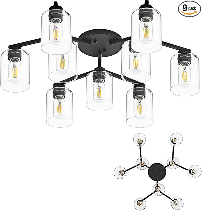 9 Light Kitchen Lighting Fixtures Ceiling Black Semi Flush Mount Ceiling Light Fixture Large Living Room Lighting Cieling Lamps for Dining Room Living Room Light Fixture with Clear Glass Shades