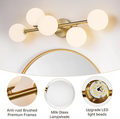 Bathroom Light Fixtures, Brushed Gold Bathroom Vanity Light Over Mirror with Milk White Glass Shades, Dimmable LED Wall Sconces for Hallway, Entryway, Living Room, Bedside, Staircase