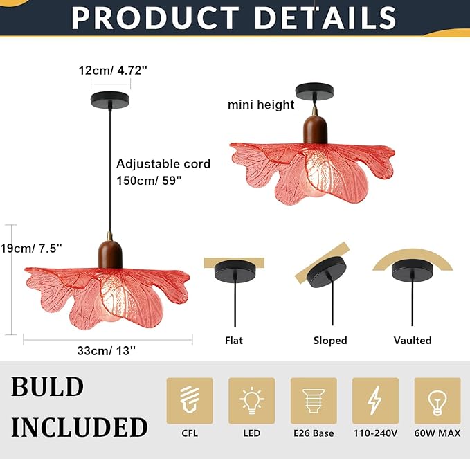 Modern Flower Pendant Light Fixture 13" Glass Hanging Light Wooden Chandelier Red Adjustable Pendant Lighting for Bedroom Dining Room Entryway