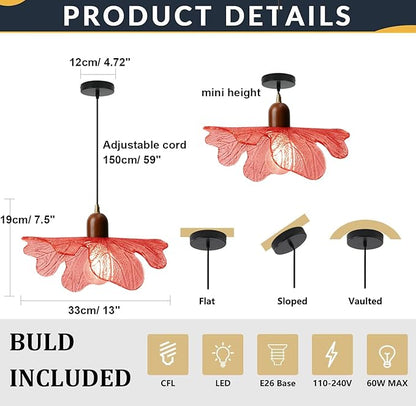 Modern Flower Pendant Light Fixture 13" Glass Hanging Light Wooden Chandelier Red Adjustable Pendant Lighting for Bedroom Dining Room Entryway