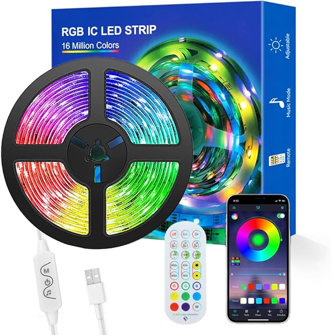 WS2812b Individually Addressable LED Strip 16.4FT 30Pixels/m TV Backlights Bluetooth APP Remote Control Music Sync USB 5V (White PCB IP65, 16.4FT 150LEDS)