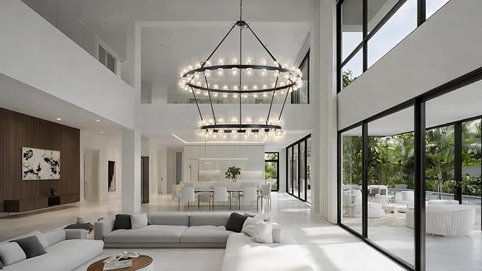 60 Inch Black Wagon Wheel Chandelier with Crystal Shade, 2 Tier 100 Lights, Modern Farmhouse Style, Ideal for Dining Room, Kitchen, Entryways