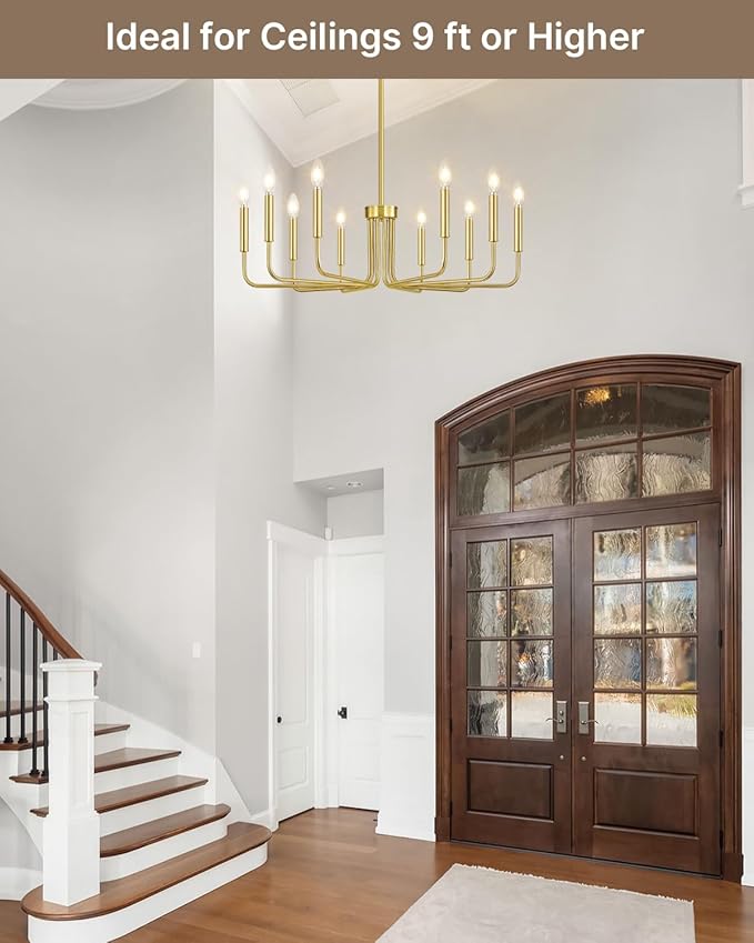 Yunnix 10 Light Gold Chandelier, 33" Extra Large Modern Gold Farmhouse Hanging Fixture - Vintage Brushed Gold Dining Room Light for Kitchen Island, Living Room, Hall, Foyer