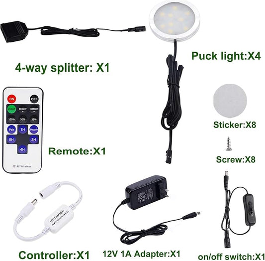 AIBOO LED Under Cabinet Lighting Kit 4 Packs 12V Low Profile Puck Lights with Dimmable Wireless RF Remote for Kitchen, Counter, Gun Safe Lighting(Warm White)