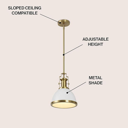 JONATHAN Y 10" Brass Gold/White Modern Industrial Iron LED Dome Pendant Light, Adjustable Hanging Fixture for Kitchen Island or Entryway, White Metal Shade, LED Bulb Included (JYL9535D)