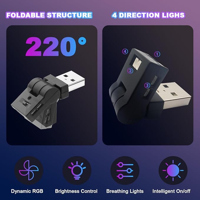 2PCS Mini USB LED Car Light, 5V Adjustable Brightness 8 Colors RGB Dynamic Vehicle Night Atmosphere Lighting, Auto Ambient Lamp Decoration Accessories, Universal Fit