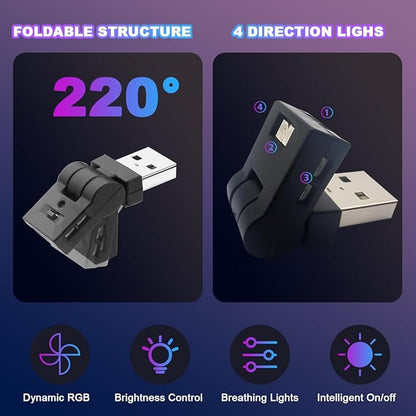 2PCS Mini USB LED Car Light, 5V Adjustable Brightness 8 Colors RGB Dynamic Vehicle Night Atmosphere Lighting, Auto Ambient Lamp Decoration Accessories, Universal Fit