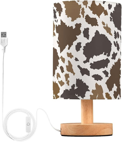 Bedside Table Lamp Cow Print Nightstand Lamp with Wood Brown Animals Skin Desk Lamps for Bedroom Living Room Nursery Office Home Decor