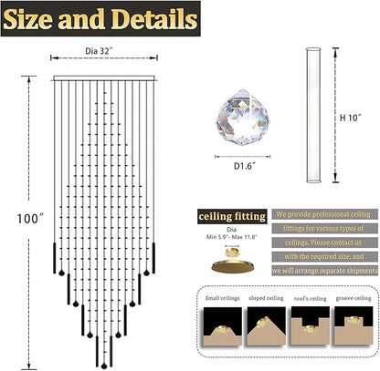 Flashing God D32''XH100'' Modern Large Chandelier for High Ceiling Raindrop Crystal Chandelier High Ceiling Pendant Light Fixture for Hallway Living Room Gold Stairwell Chandeliers