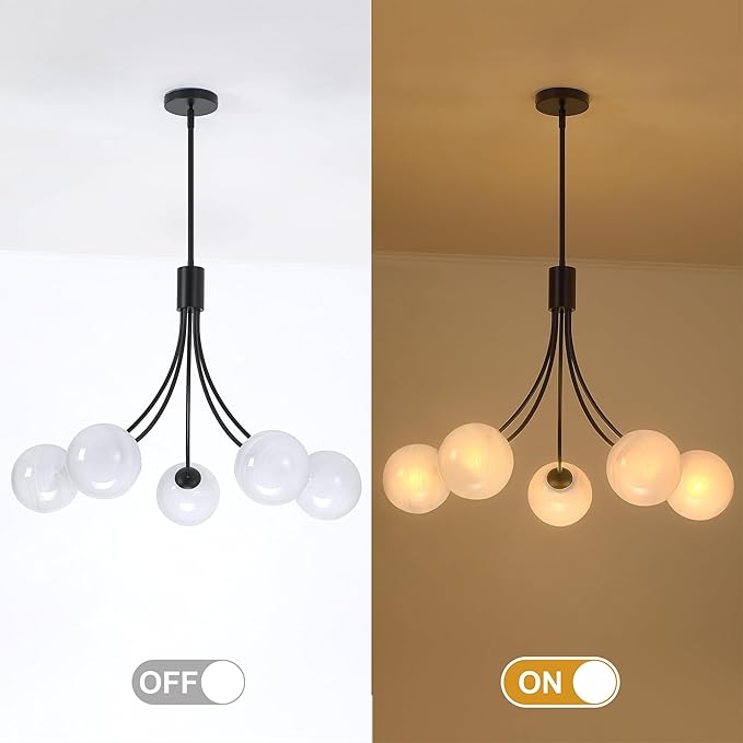 Bubble Chandelier, Modern Sputnik Dining Room 5-Light Chandelier with Black Finish and Glass Globes for Kitchen Bedroom Foyer and Living Room