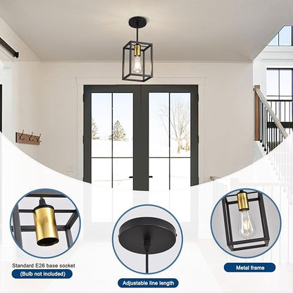 Black Pendant Lights for Kitchen Island Industrial Lantern Pendant Light Fixtures with Golden lamp Cup, Farmhouse Adjustable Height Hanging Pendant Lighting