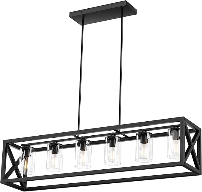 Farmhouse Dining Room Light Fixture - 6 Light Kitchen Island Lighting with Adjustable Height & Thickened Metal Dining Room Light Fixture Over Table，Chandeliers for Dining Room&Kitchen Island