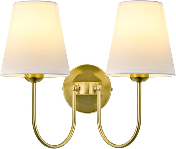 Hardwired White Fabric 2 Light Wall Sconce Double Headed Cloth Shade Fixture for Bedroom, Bathroom & Hallway (Direct Wire)