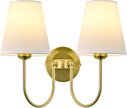 Hardwired White Fabric 2 Light Wall Sconce Double Headed Cloth Shade Fixture for Bedroom, Bathroom & Hallway (Direct Wire)