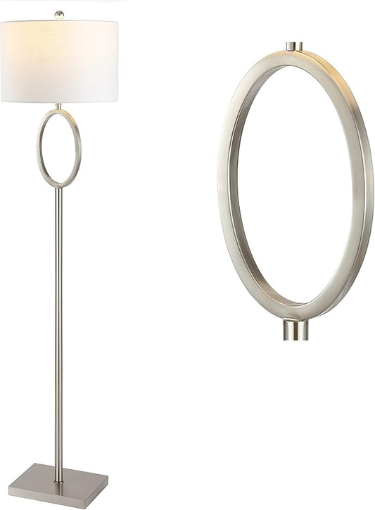 JONATHAN Y 61" Nickel Metal LED Floor Lamp for Living Room Modern Hoop Design Standing Lamp, White Linen Drum Shade, Bedroom Home Office, LED Bulb Included (JYL1089C)