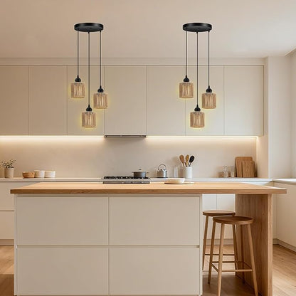 BoostArea 3-Light Rattan Pendant Lights Kitchen Island, Farmhouse Chandelier with Handwoven Wicker Shade, Adjustable Height Boho Hanging Light for Kitchen Island/Dining Room/Bedroom/Hallway, No Bulb