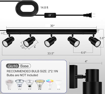 Plug in Track Lighting, 30" LED Track Light Fixtures Ceiling, Black 5 Way Ceiling Lights for Kitchen, 15FT Cord, Rotatable Light Head, Rocker Switch, Plug Spotlight for Bedroom Hallway(GU10, NO Bulb)