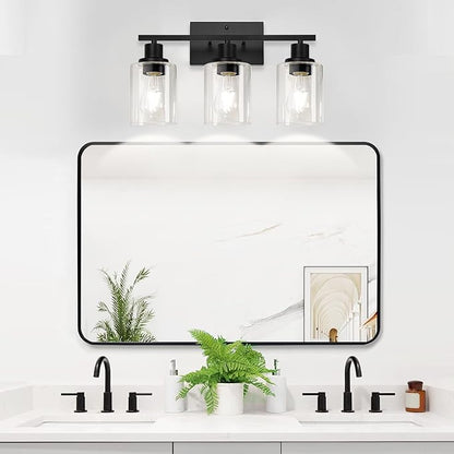 MOKATNG 3-Light Bathroom Light Fixtures, Vanity Light with Clear Glass Shades, Matte Black Bathroom Light Fixtures Over Mirror, Modern Bathroom Wall Lamp for Mirror Living Room Cabinet Bedroom
