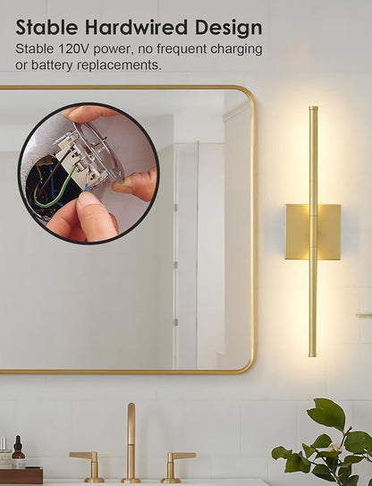 KARTOOSH 20.4 Inch Hardwired Wall Sconces Set of Two, 3000K Warm White Dimmable Modern Wall Sconces, 350° Rotate LED Light Fixtures Wall Lamp for Bathroom Living Room Bedroom Bedside, Gold