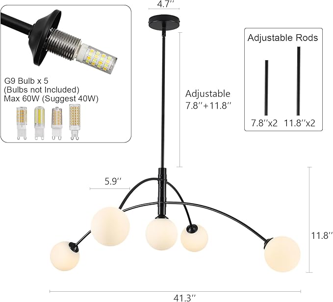 Modern Chandelier 5 Light Black Glass Globe Chandelier Mid Century Sputnik Ceiling Light Fixtures for Dining Room Kitchen Island Bedroom Living Room 41.3IN Diameter