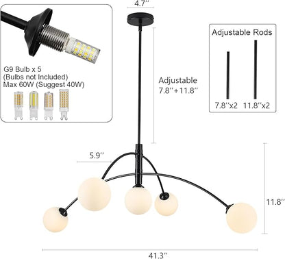 Modern Chandelier 5 Light Black Glass Globe Chandelier Mid Century Sputnik Ceiling Light Fixtures for Dining Room Kitchen Island Bedroom Living Room 41.3IN Diameter