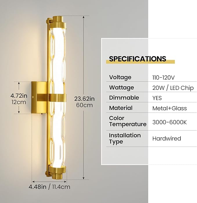 23.6" Gold Wall Sconce, Modern Vanity Light with Ripple Glass Shade, 5CCT Dimmable LED Bathroom Wall Lighting 20W for Mirror, Bedroom, Living Room, Hallway