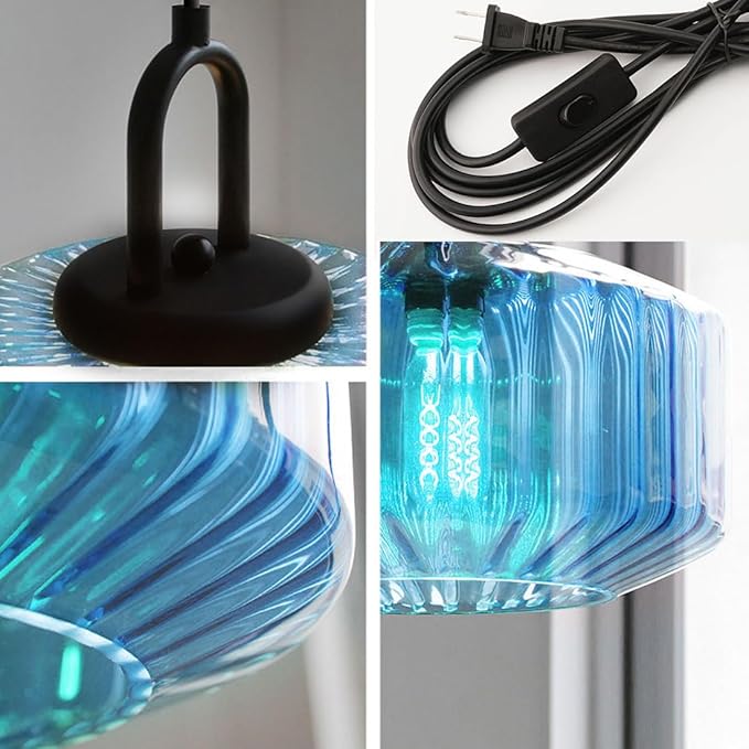 Plug in Hanging Lamp Blue Striped Glass Shade Modern Pendant Light with Plug in Cord Mid Century Pendant Light Fixture Plug in Chandelier Swag Ceiling Lamp for Living Room Bedroom