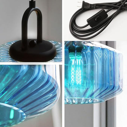Plug in Hanging Lamp Blue Striped Glass Shade Modern Pendant Light with Plug in Cord Mid Century Pendant Light Fixture Plug in Chandelier Swag Ceiling Lamp for Living Room Bedroom