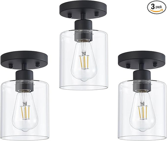 Black 1-Light Semi Flush Mount Ceiling Light, Rustic Kitchen Lighting Fixtures Ceiling, Classic Ceiling Light Fixtures, Cieling Light with Glass Shade for Hallway Foyer Farmhouse Bedroom 3 Pack