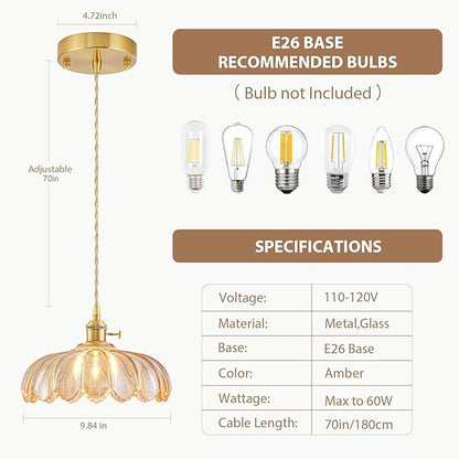 3 Pack Glass Pendant Lights Kitchen Island, Vintage Brass Pendant Light Fixtures, Adjustable Amber Kitchen Pendant Lighting Over Island for Bedroom Living Room Hallway Dining Room