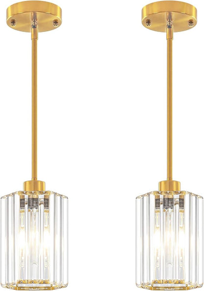 2-Pack Brushed Gold Pendant Lights Kitchen Island Modern Crystal Hanging Pendant Light Hexagonal Mini Chandelier Adjustable Hanging Kitchen Lights for Dining Room Hallway Bedroom Entryway Pendant Lamp